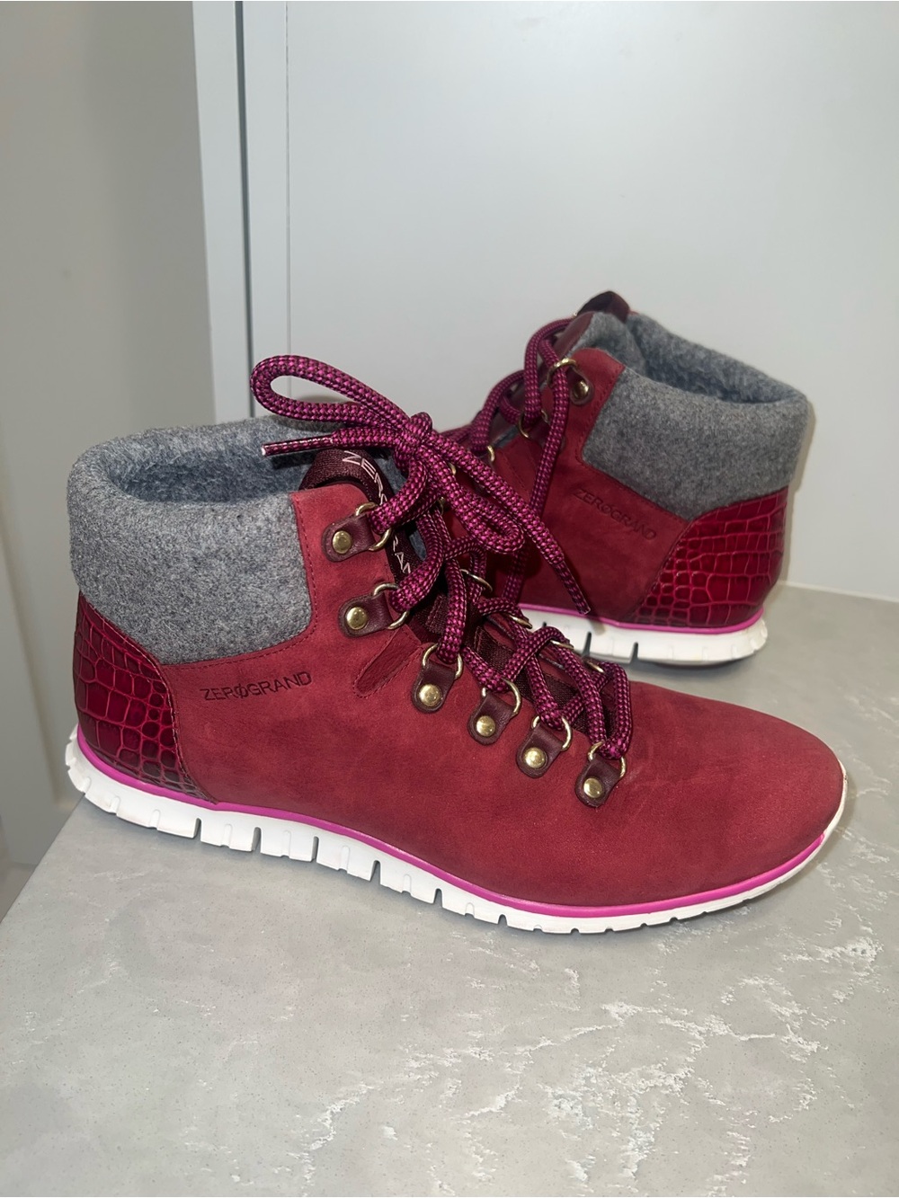 COLE HAAN Burgundy Waterproof Hiker Booties with Gray Colllar-BIG DISCOUNT